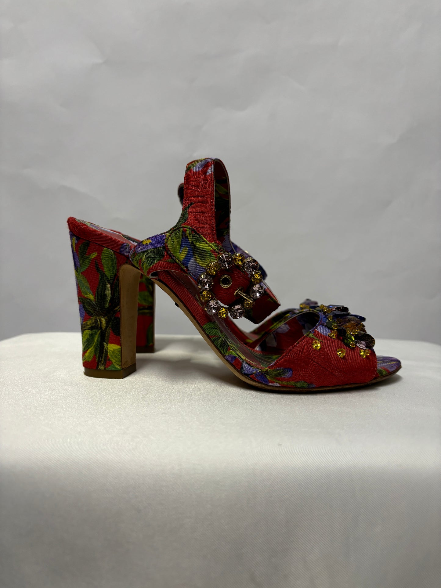 Dolce & Gabbana Red Floral and Gemstone Open Toe Heels 3.5