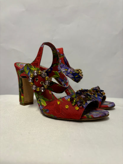 Dolce & Gabbana Red Floral and Gemstone Open Toe Heels 3.5