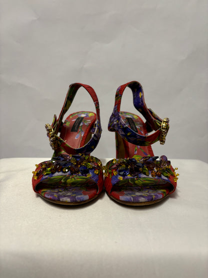 Dolce & Gabbana Red Floral and Gemstone Open Toe Heels 3.5