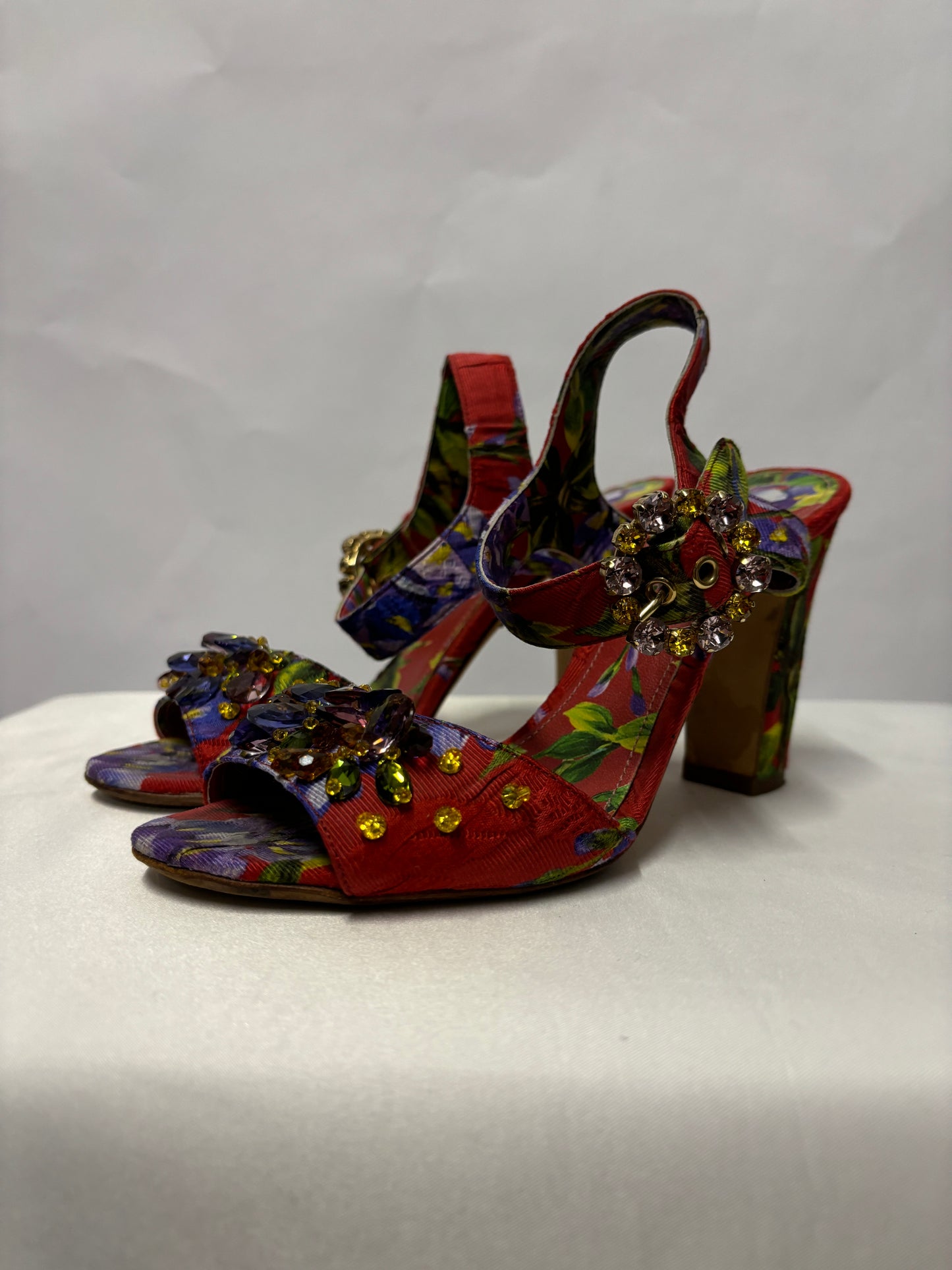 Dolce & Gabbana Red Floral and Gemstone Open Toe Heels 3.5