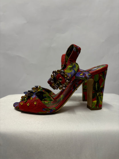 Dolce & Gabbana Red Floral and Gemstone Open Toe Heels 3.5