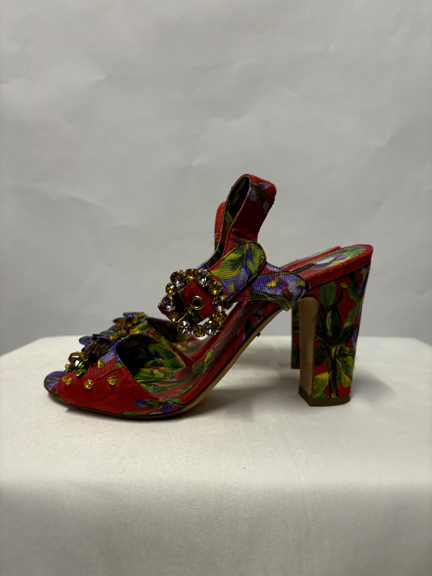 Dolce & Gabbana Red Floral and Gemstone Open Toe Heels 3.5