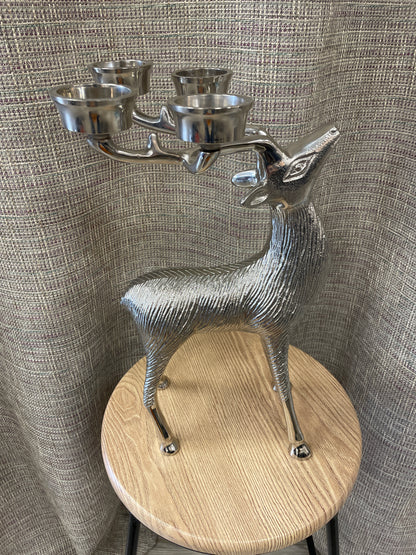 Large Nickel Chrome Reindeer Tealight Candle Holder Christmas