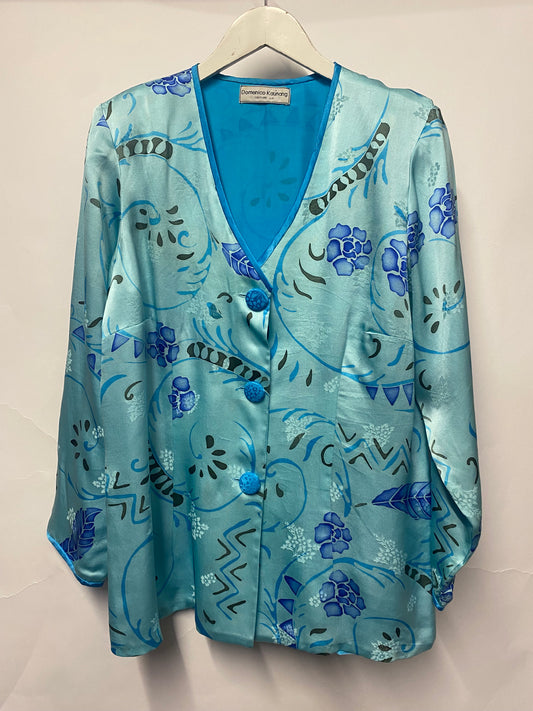 Domenico Kaunang Blue Pure Silk Chinese Floral Jacket Large