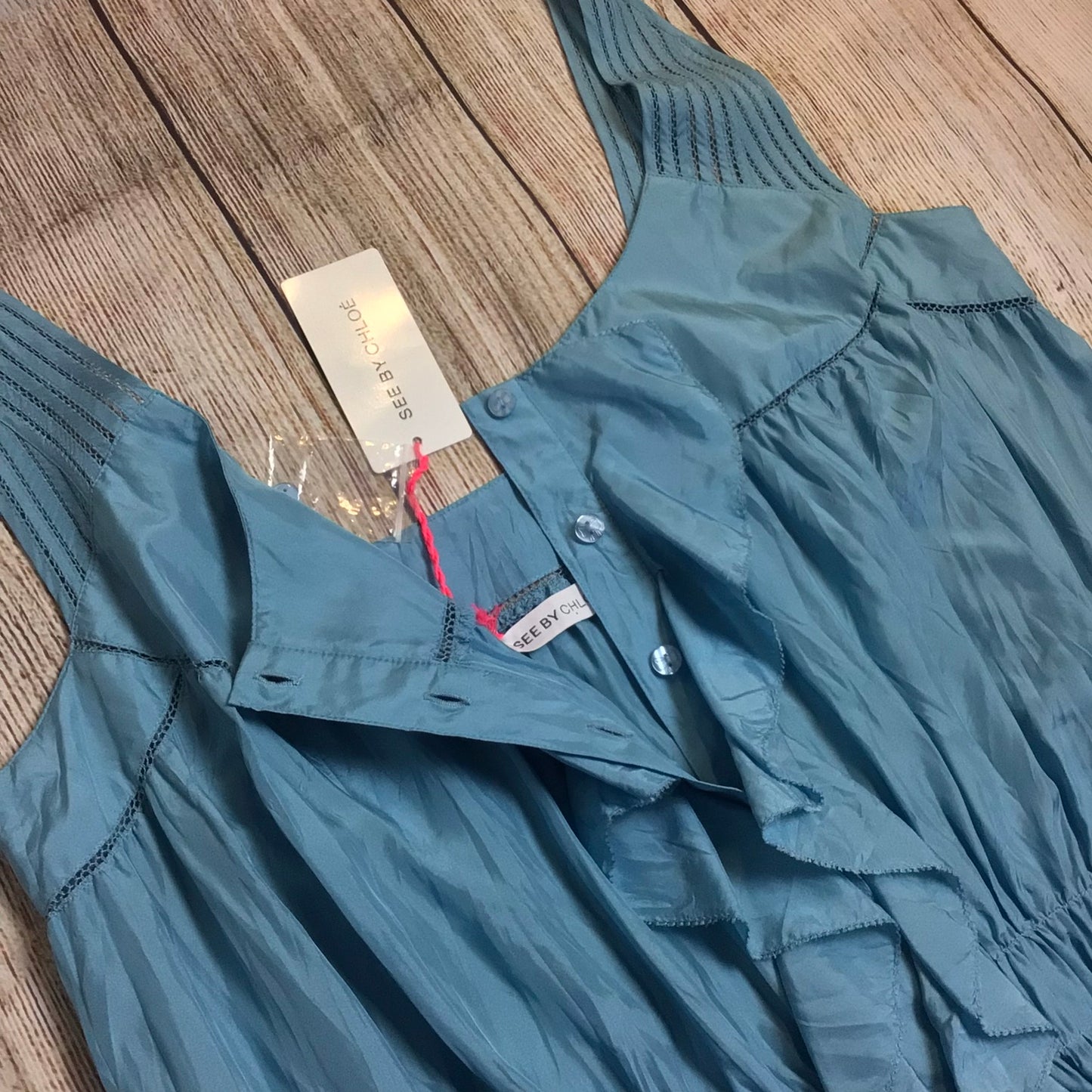 BNWT See by Chloé Blue Button Up Dress w/Pockets 100% Silk Size 14