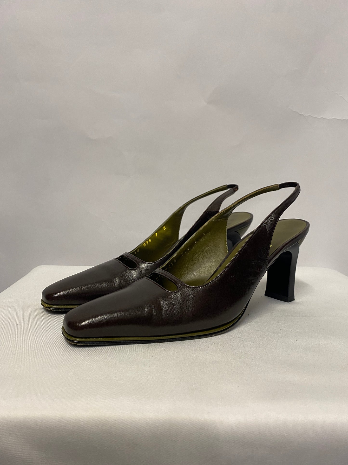 Salvatore Ferragamo Brown and Green Leather Slingback Heels 4.5