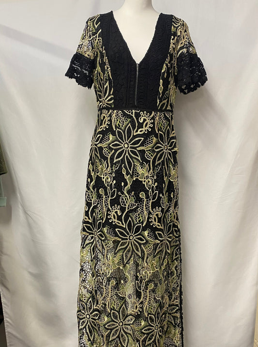 French Connection Black, Gold and Green Floral Lace Overlay Maxi Dress 12 BNWT