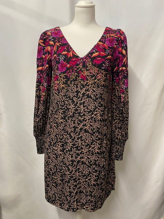 Anthropologie Pink and Black Floral Print Long Sleeve Boho Dress 8