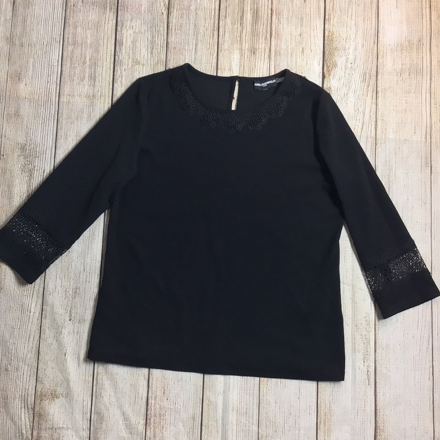 Karl Lagerfeld Paris Black Blouse Top w/Embroidered Detail Size L (approx.)