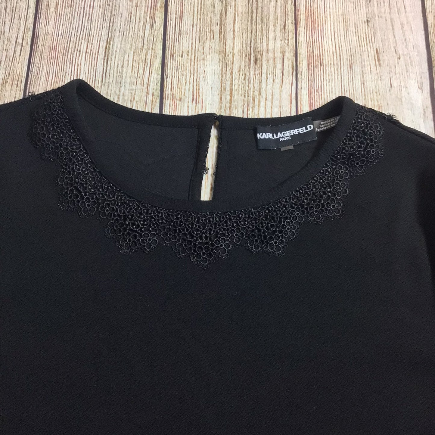 Karl Lagerfeld Paris Black Blouse Top w/Embroidered Detail Size L (approx.)