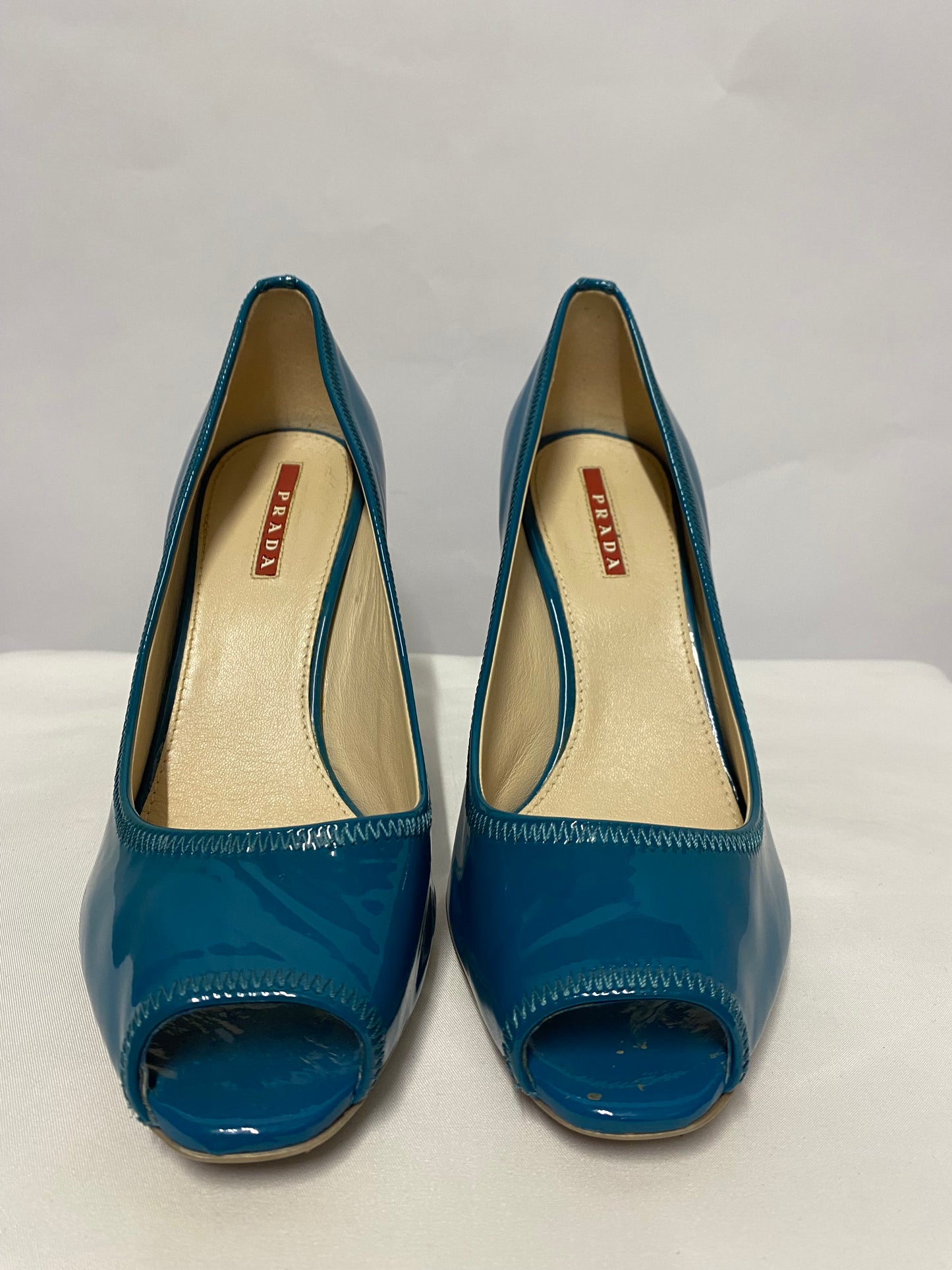 Prada Turquoise Patent Open Toe Stiletto Heels 4.5