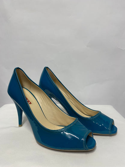 Prada Turquoise Patent Open Toe Stiletto Heels 4.5