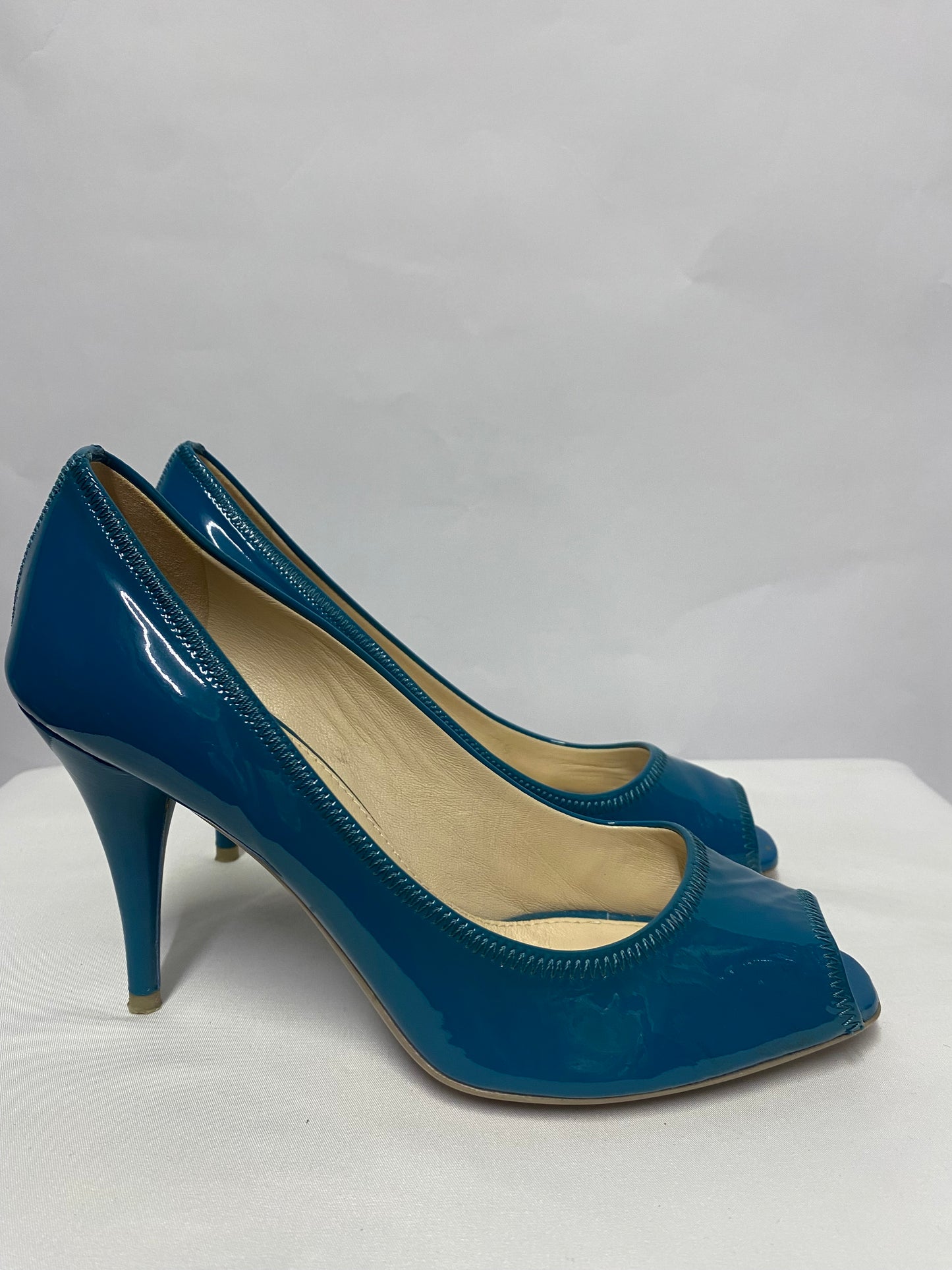 Prada Turquoise Patent Open Toe Stiletto Heels 4.5