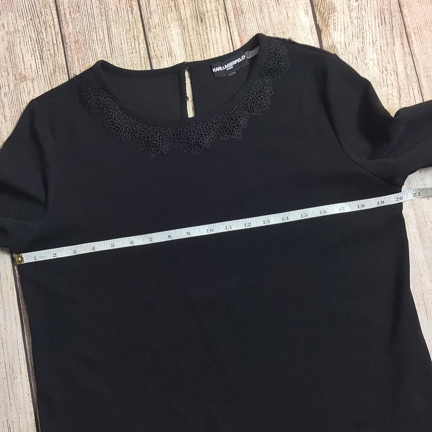 Karl Lagerfeld Paris Black Blouse Top w/Embroidered Detail Size L (approx.)