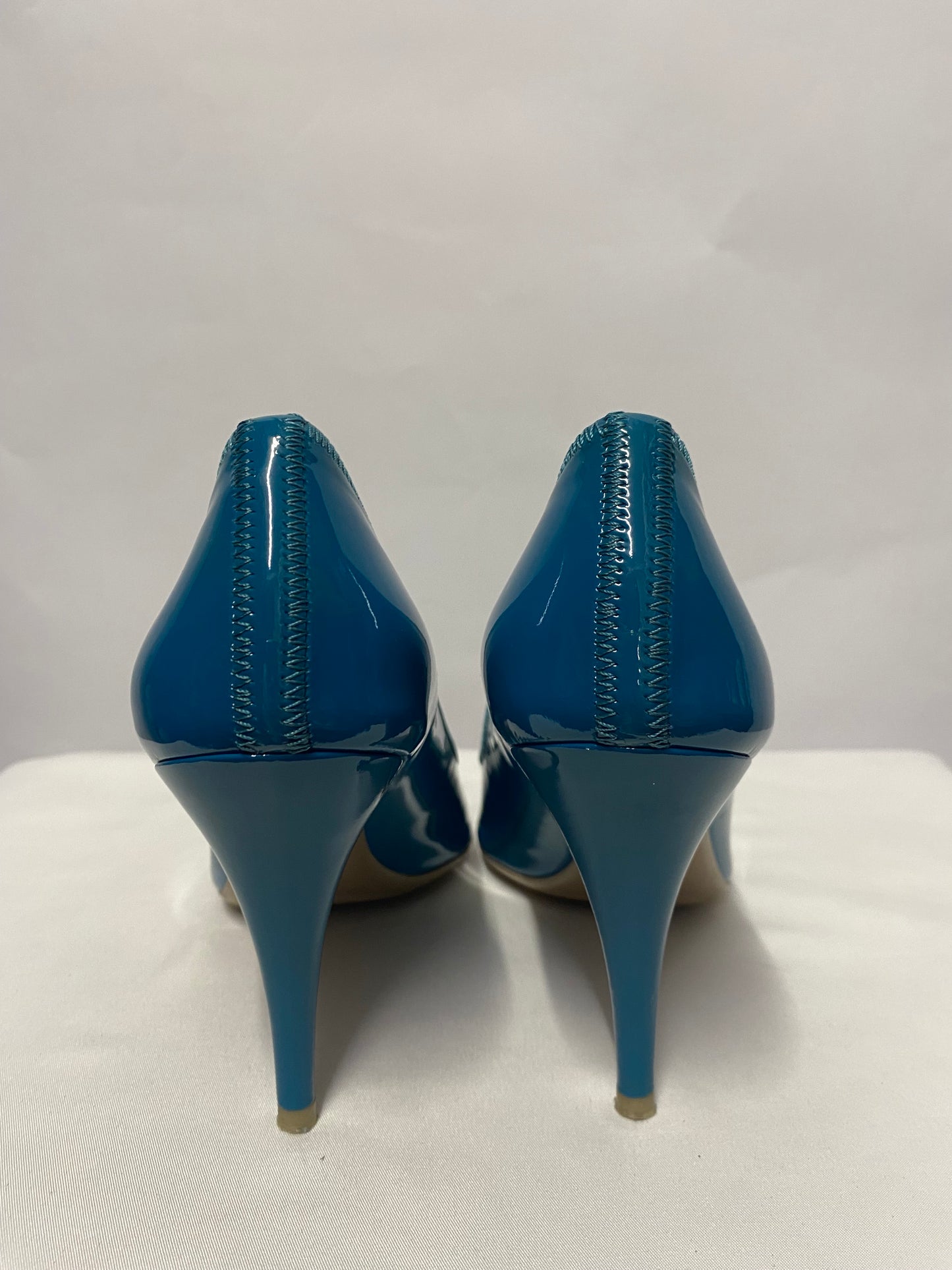 Prada Turquoise Patent Open Toe Stiletto Heels 4.5