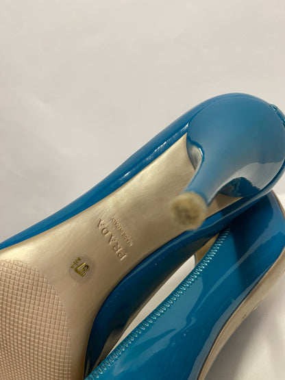 Prada Turquoise Patent Open Toe Stiletto Heels 4.5