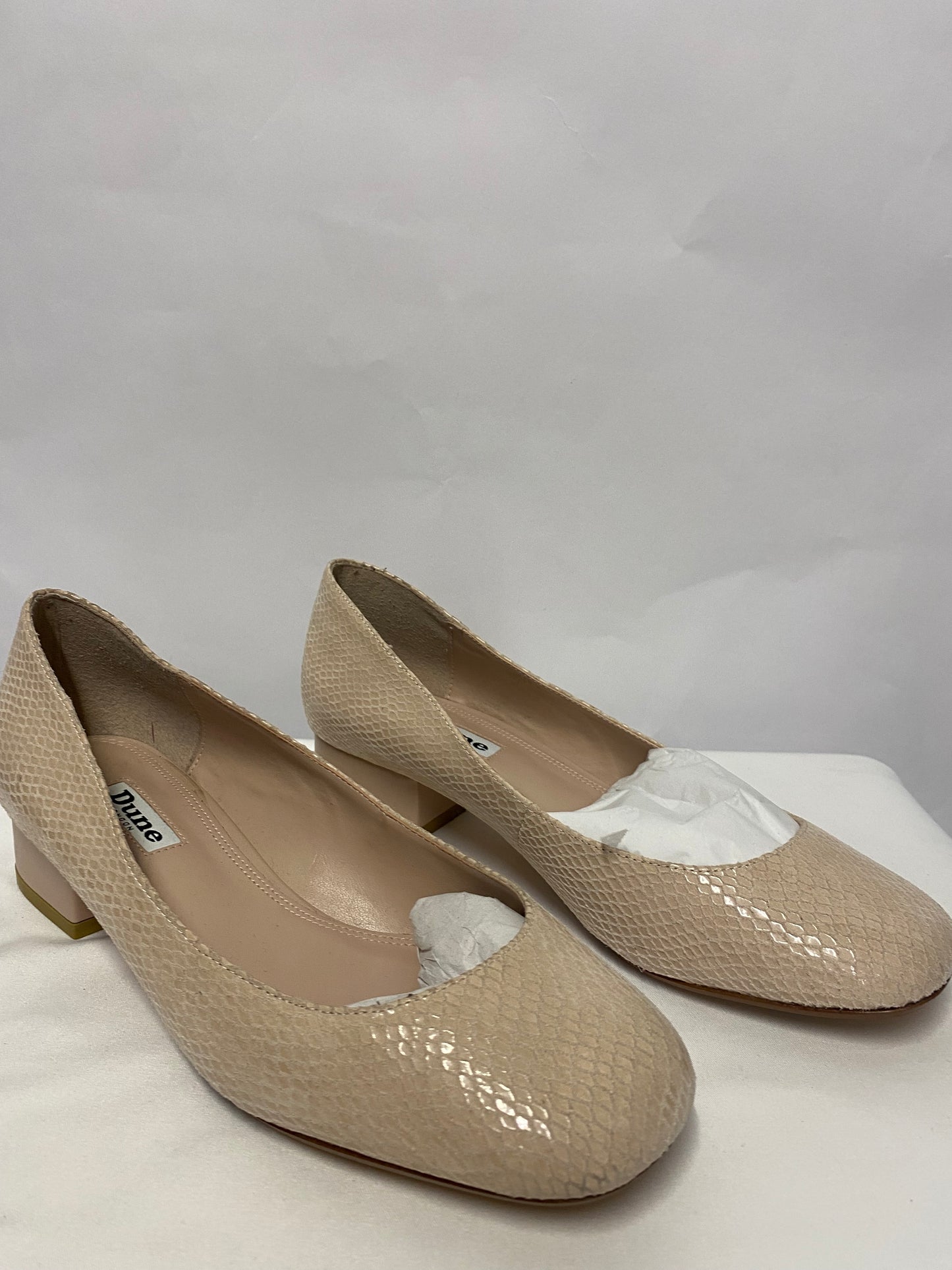 Dune Pink Blush Snake Effect leather Low Block Court Heels 4