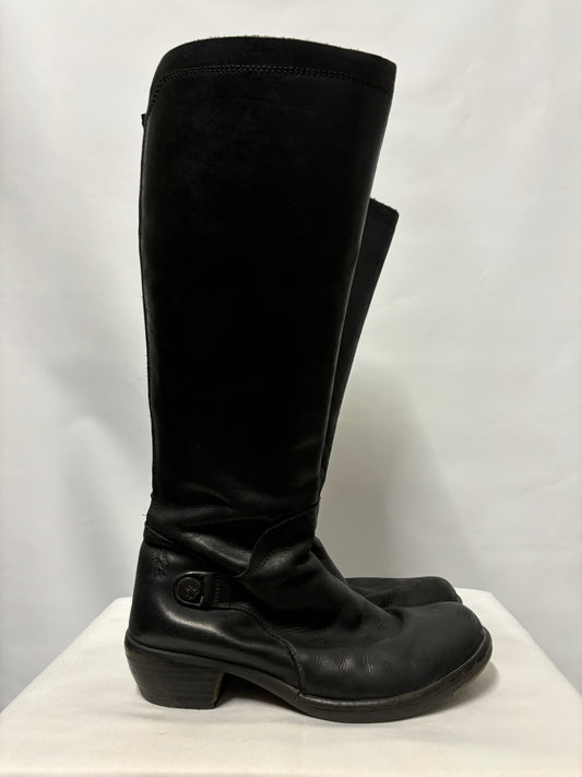 Fly London Black Leather Calf Length Boots 7