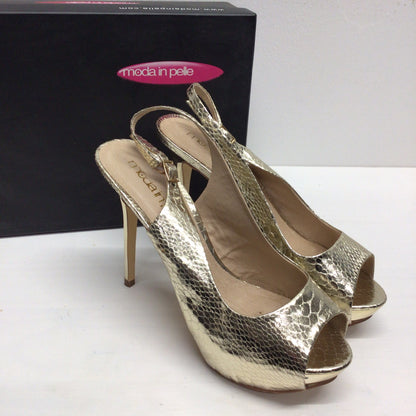 Moda in Pelle Gold Mock Snake Skin Sling Back Peep Toe Stiletto Sandals Size EU 40 (UK 7)