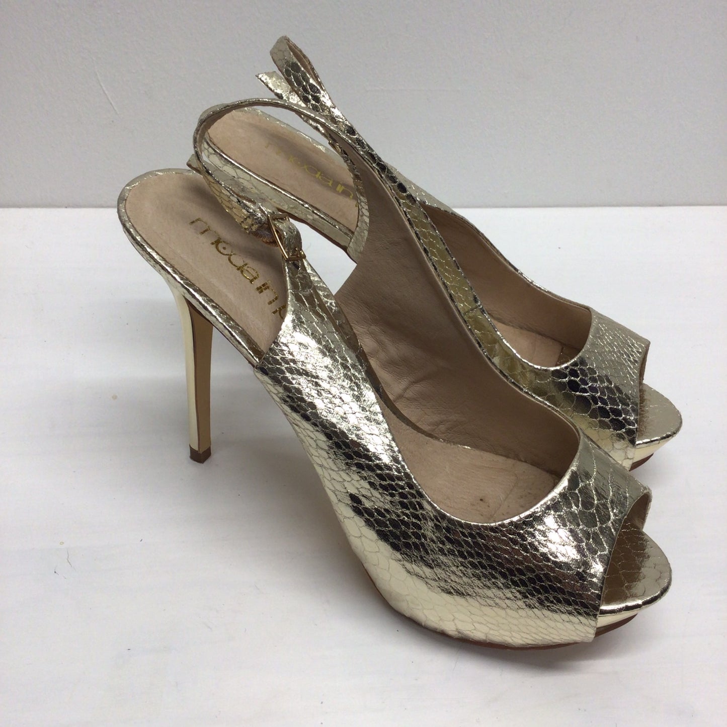 Moda in Pelle Gold Mock Snake Skin Sling Back Peep Toe Stiletto Sandals Size EU 40 (UK 7)