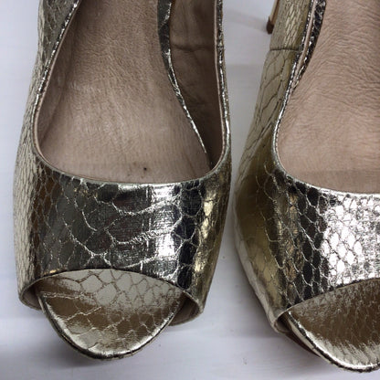 Moda in Pelle Gold Mock Snake Skin Sling Back Peep Toe Stiletto Sandals Size EU 40 (UK 7)