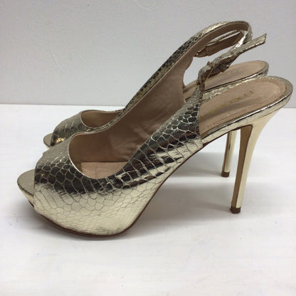 Moda in Pelle Gold Mock Snake Skin Sling Back Peep Toe Stiletto Sandals Size EU 40 (UK 7)