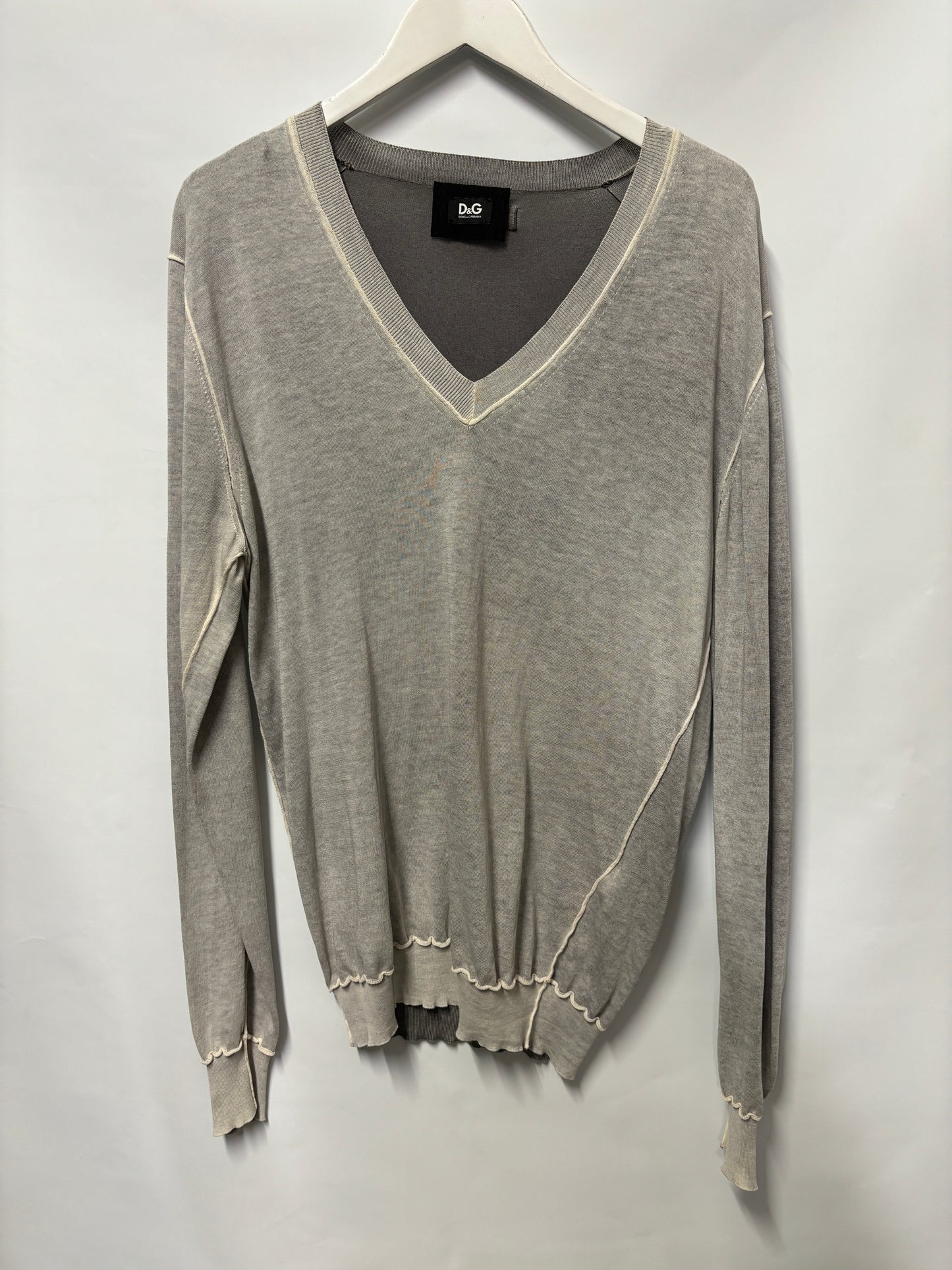 Dolce and Gabbana Light Grey Cotton Thin Knit V-Neck Jumper IT50/XL