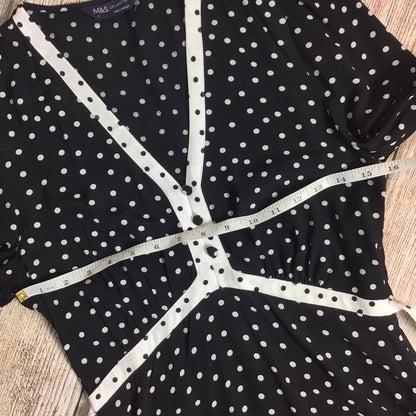 BNWT M&S Black & White Polka Dot Midaxi Tea Dress w/Tie Back Size 6 Regular