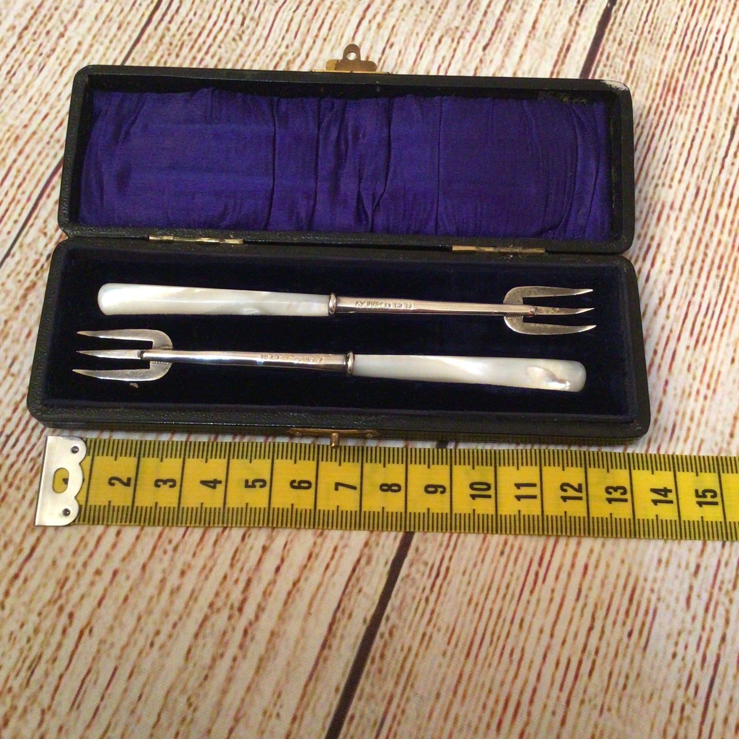 Adie Lovekin Birmingham Silver Mother of Pearl Pickle Forks (in box)