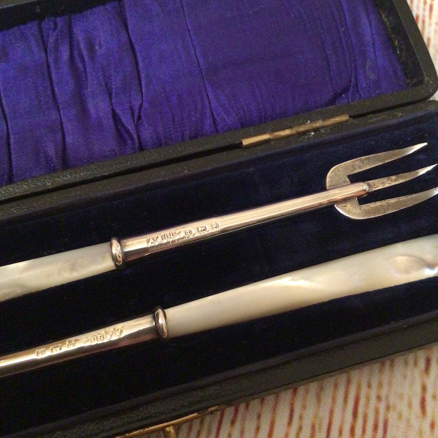 Adie Lovekin Birmingham Silver Mother of Pearl Pickle Forks (in box)