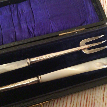 Adie Lovekin Birmingham Silver Mother of Pearl Pickle Forks (in box)