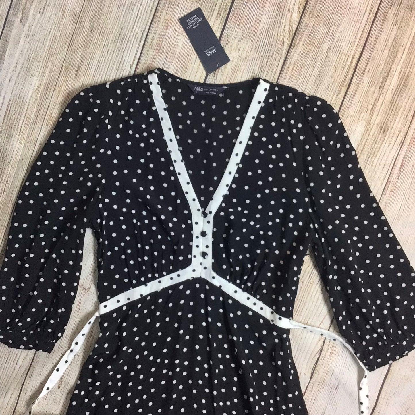 BNWT M&S Black & White Polka Dot Midaxi Tea Dress w/Tie Back Size 6 Regular