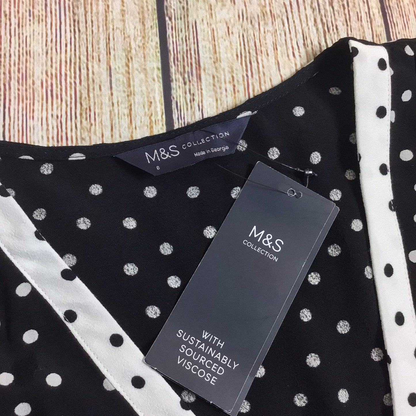 BNWT M&S Black & White Polka Dot Midaxi Tea Dress w/Tie Back Size 6 Regular