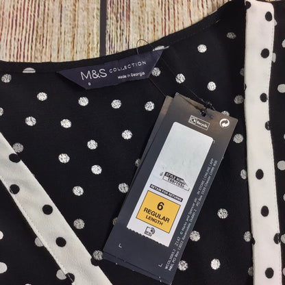 BNWT M&S Black & White Polka Dot Midaxi Tea Dress w/Tie Back Size 6 Regular