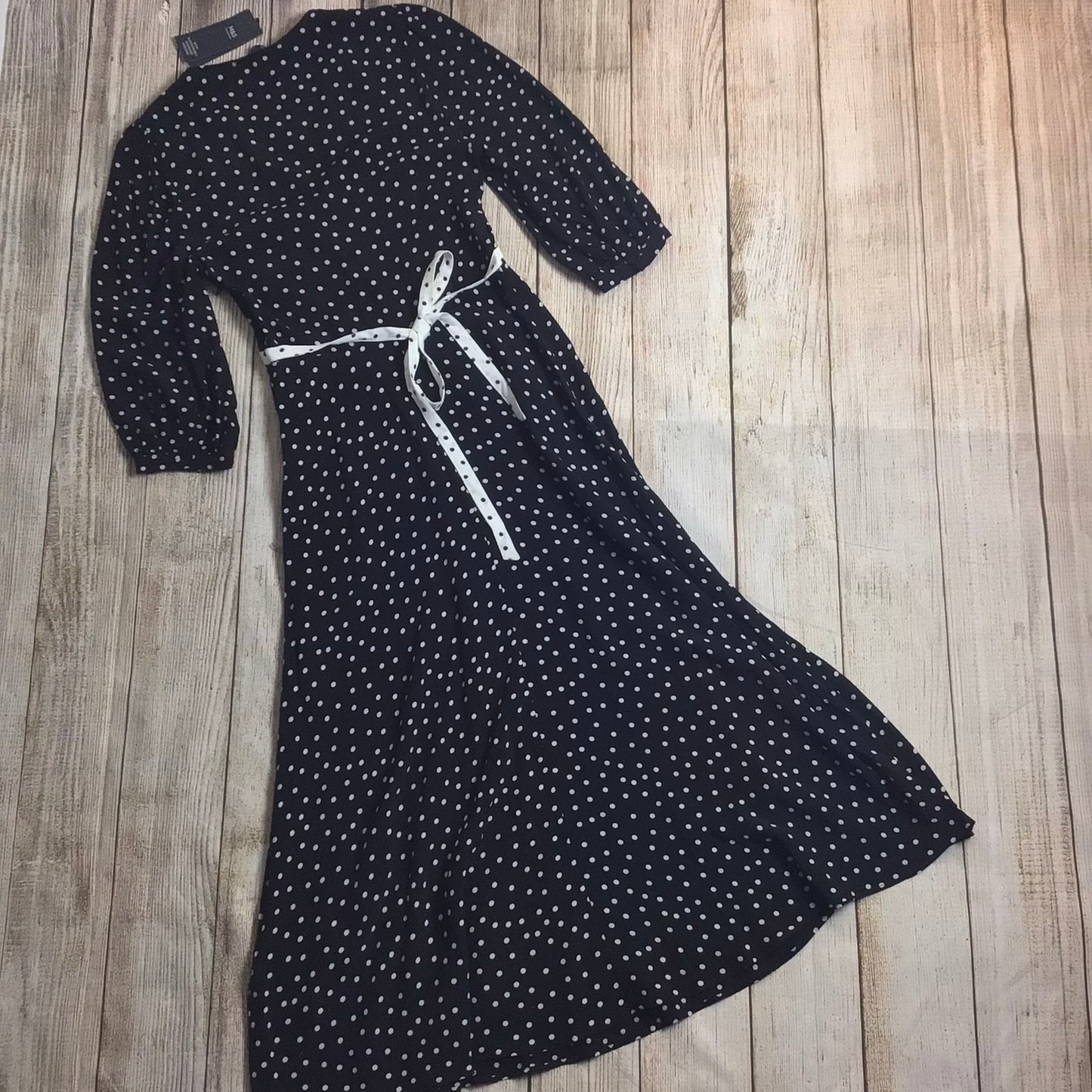 BNWT M&S Black & White Polka Dot Midaxi Tea Dress w/Tie Back Size 6 Regular