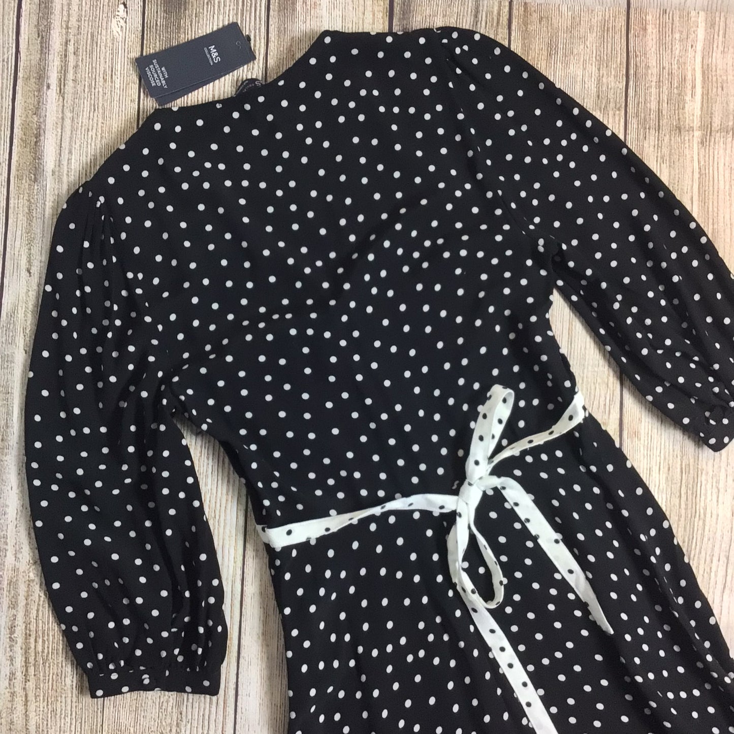 BNWT M&S Black & White Polka Dot Midaxi Tea Dress w/Tie Back Size 6 Regular