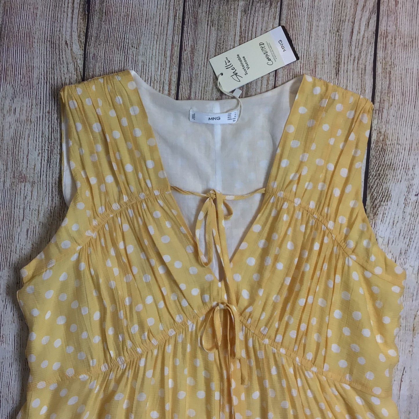 BNWT MNG Mango Yellow & White Polka Dot Tie Front Mini Dress Size 12