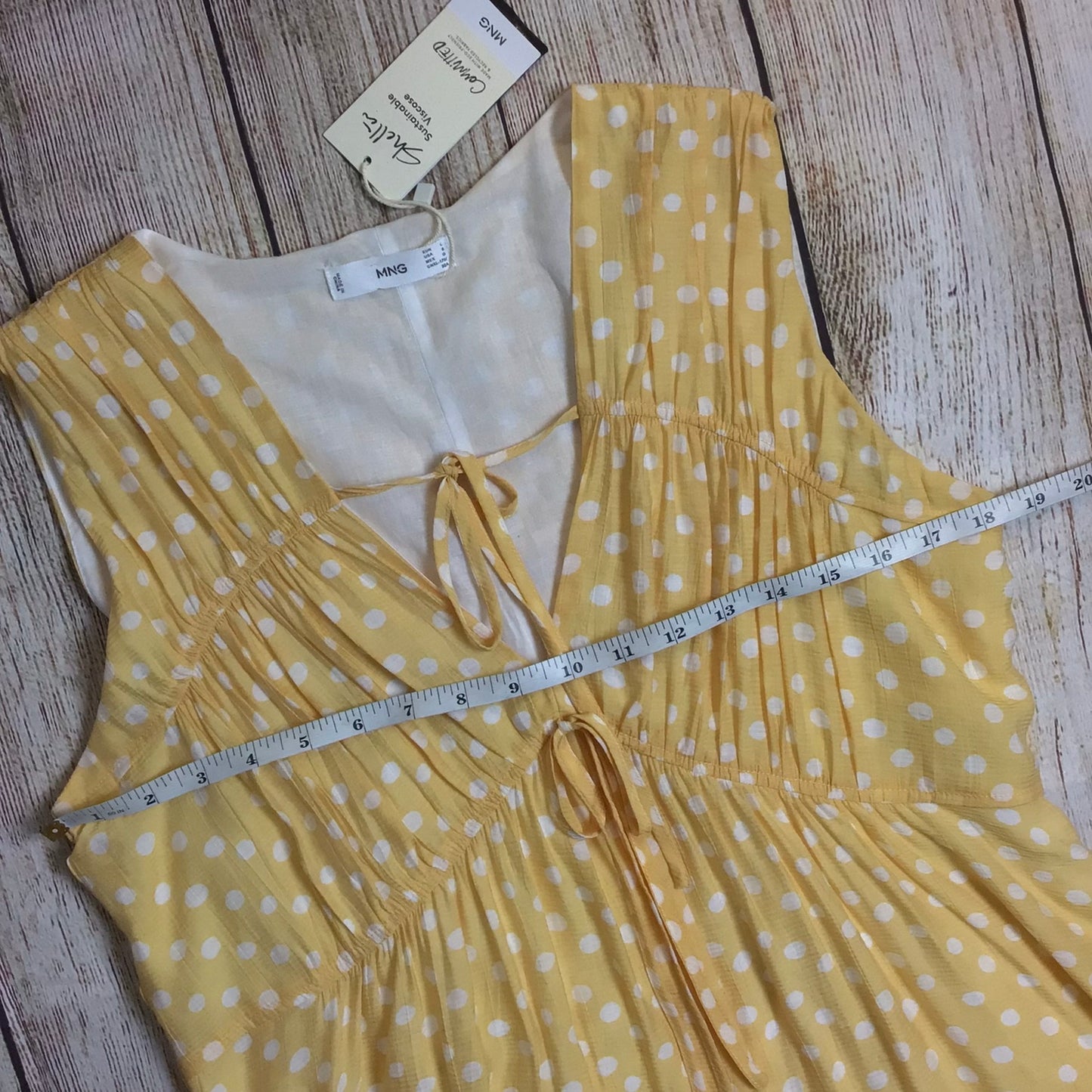 BNWT MNG Mango Yellow & White Polka Dot Tie Front Mini Dress Size 12