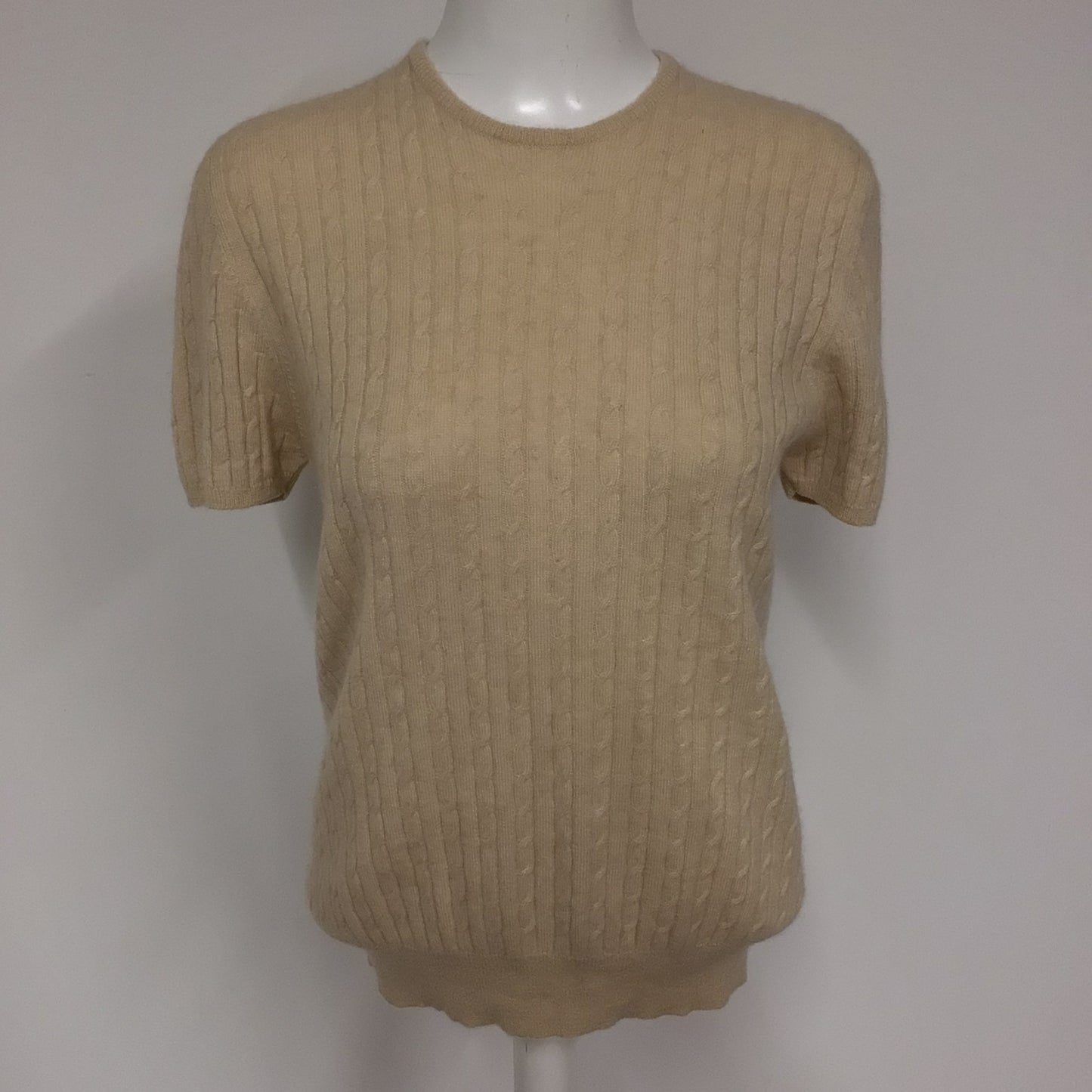 Aquascutum Beige Cable Knit 100% Cashmere Short Sleeve Top Size M