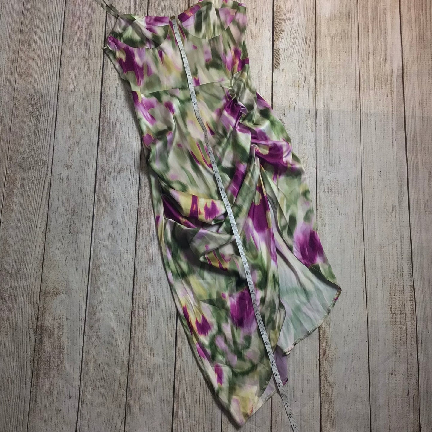 BNWT Cider Green & Purple Watercolour Strappy Ruched Split Hem Dress Size M