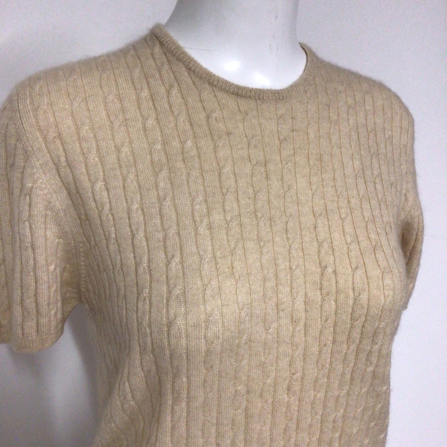 Aquascutum Beige Cable Knit 100% Cashmere Short Sleeve Top Size M