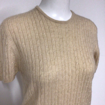 Aquascutum Beige Cable Knit 100% Cashmere Short Sleeve Top Size M