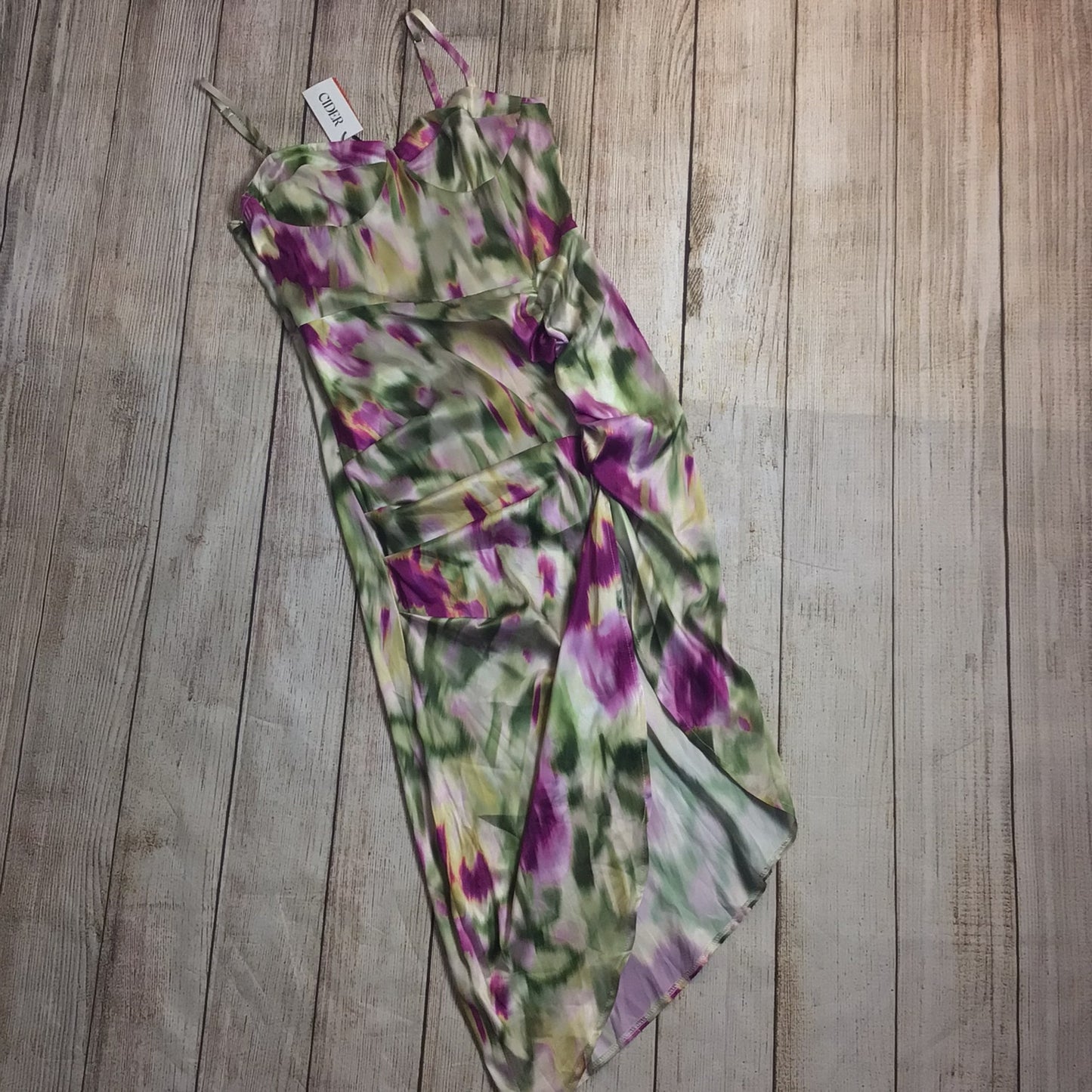 BNWT Cider Green & Purple Watercolour Strappy Ruched Split Hem Dress Size M