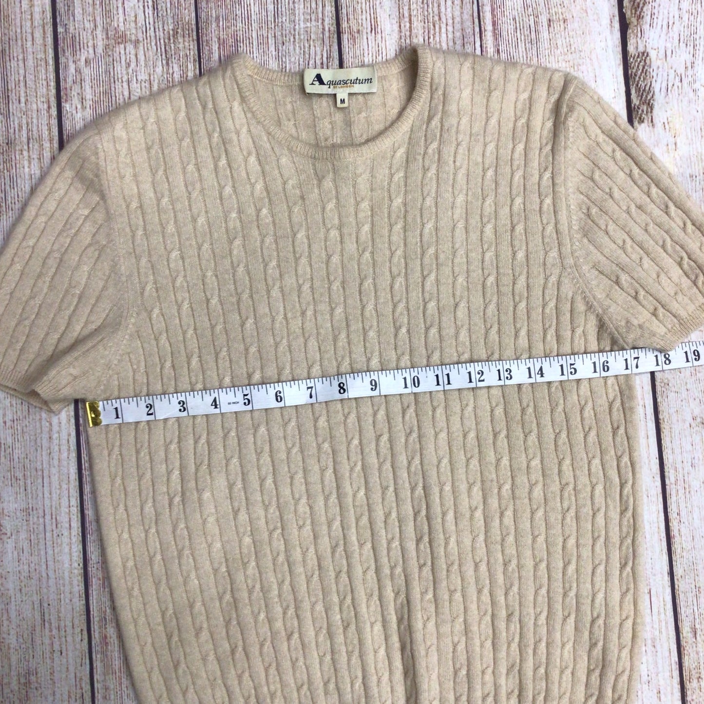 Aquascutum Beige Cable Knit 100% Cashmere Short Sleeve Top Size M