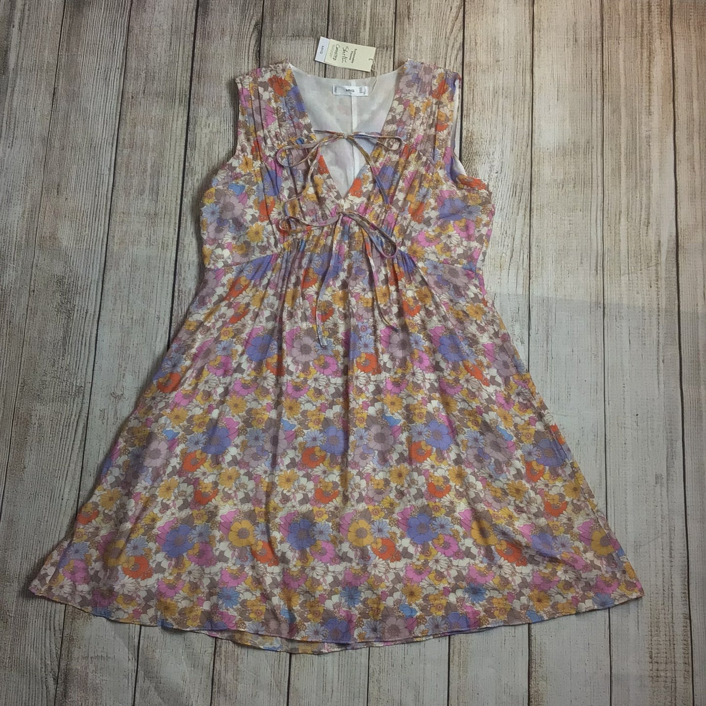 BNWT MNG Mango Multicoloured Pale Floral Print Tie Front Mini Dress Size 12