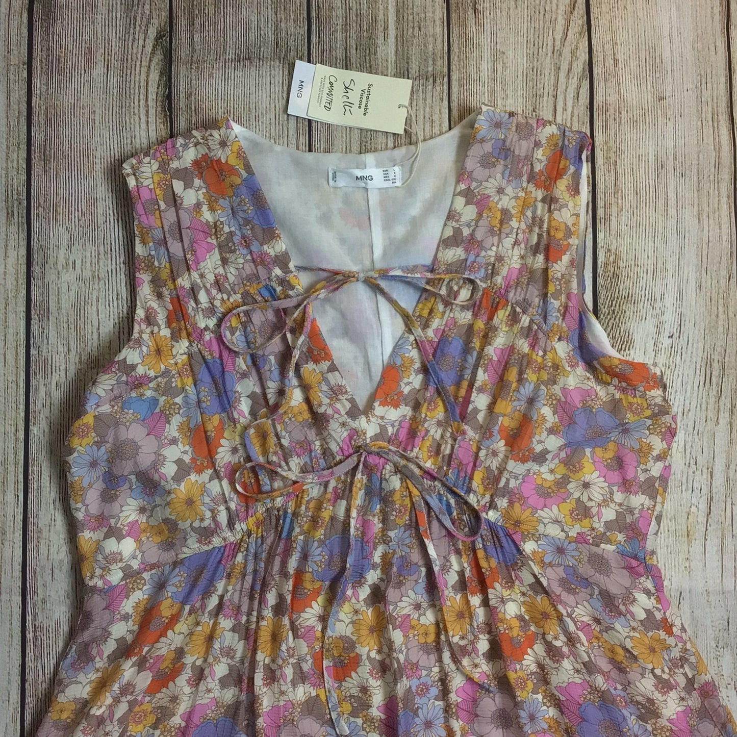 BNWT MNG Mango Multicoloured Pale Floral Print Tie Front Mini Dress Size 12