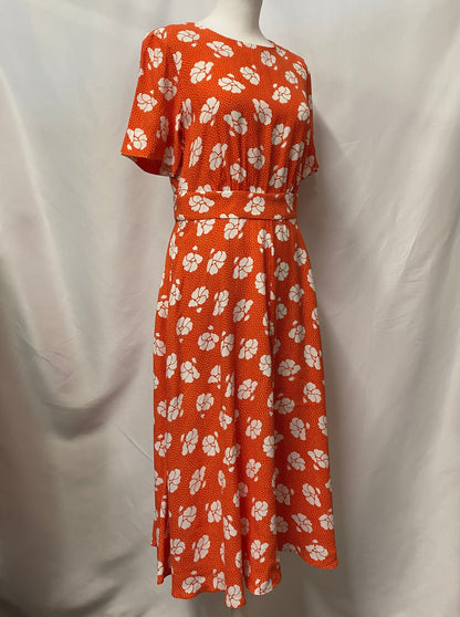 Boden Red Floral Patterned Short Sleeve Midi Dress 10