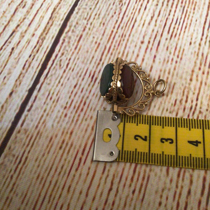 Vintage 9ct Gold 375 Onyx, Bloodstone, Carnelian Stone Spinning Fob Pendant
