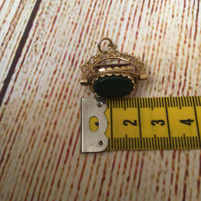 Vintage 9ct Gold 375 Onyx, Bloodstone, Carnelian Stone Spinning Fob Pendant