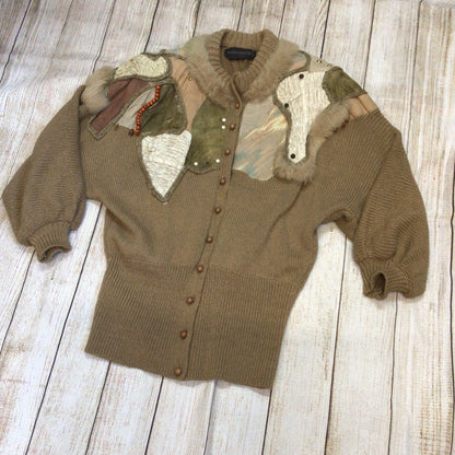 Vintage Crochetta Beige Brown Beaded Cardigan w/Shoulder Pads Size Ch44" (approx.)